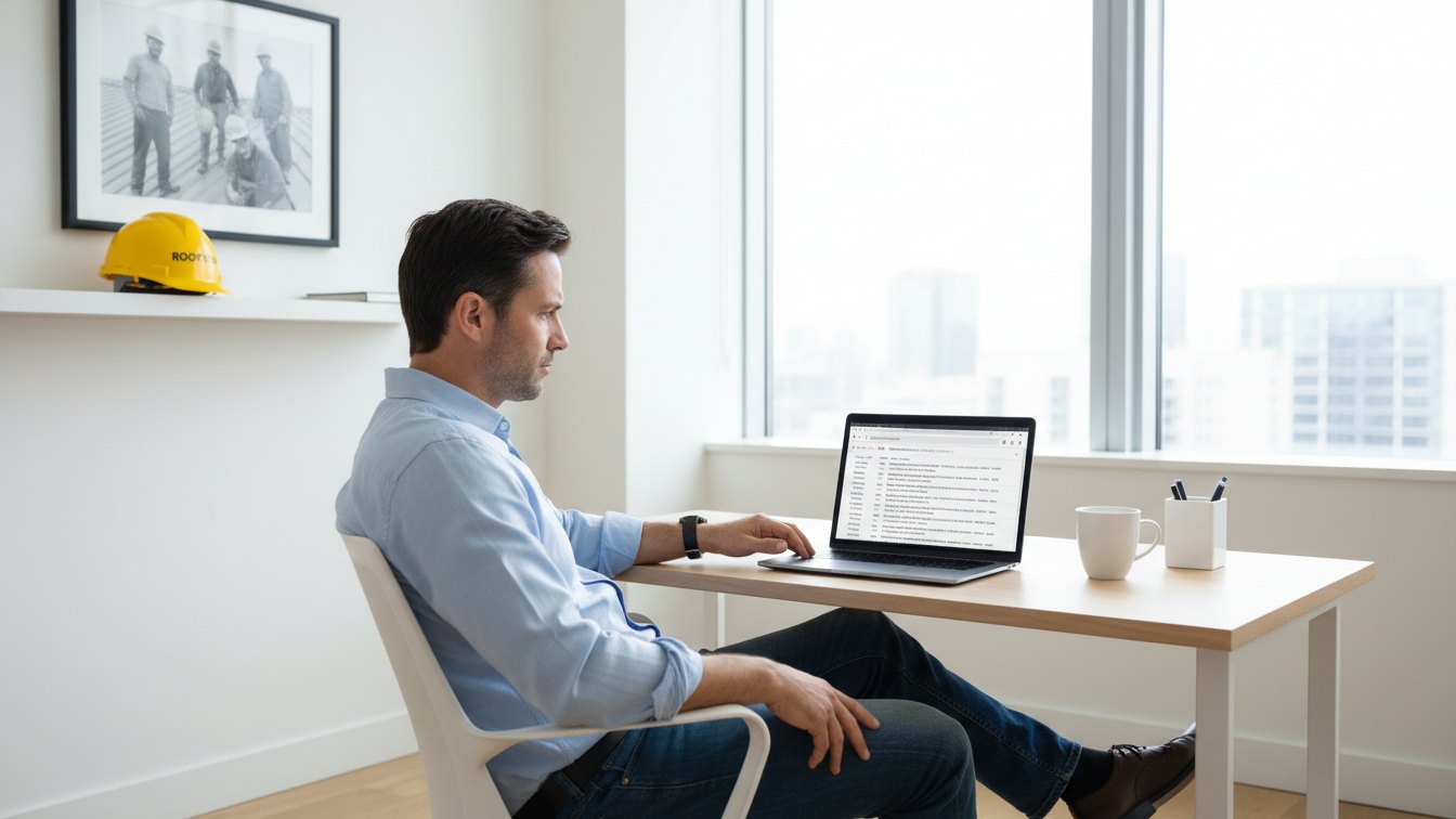 Roofing company owner in his office reviewing a long list of near-identical city pages on a laptop